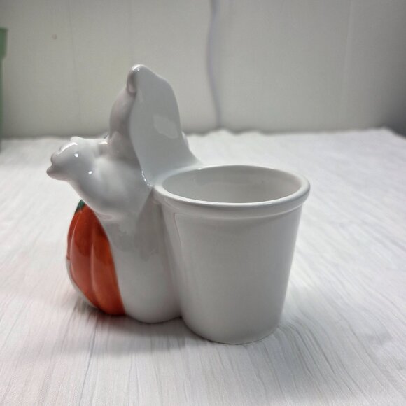 Whole Home White Orange Boo Ceramic Ghost Tealight Holder with Tealight - Picture 4 of 9